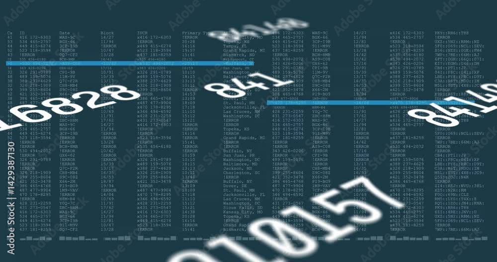 Poster Dark teal interface displaying code columns with floating blurred numbers creating glitch art