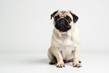Obraz premium Adorable pug dog sits alone against white backdrop, brown, breed