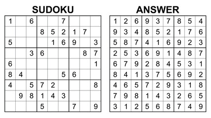 Vector sudoku with answer 37. Educational game with numbers for kids and leisure for adult on white background.
