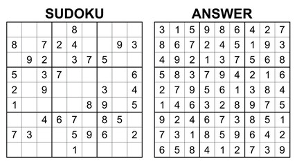 Vector sudoku with answer 36. Educational game with numbers for kids and leisure for adult on white background.
