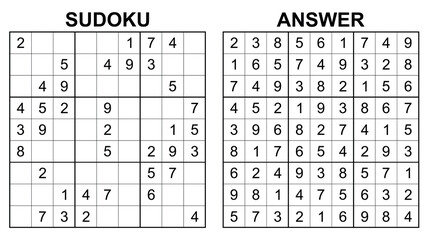 Vector sudoku with answer 38. Educational game with numbers for kids and leisure for adult on white background.