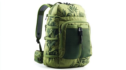Stylish green backpack with contemporary graphic print, padded straps, and spacious compartments, isolate on white background