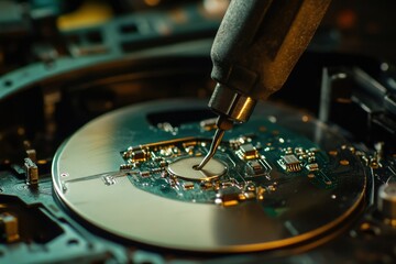 Obraz premium Close-up of precision tool repairing a circuit board, showcasing intricate electronic components and detailed craftsmanship.
