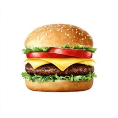 A vibrant burger illustration featuring layers of cheese, 