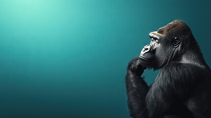   A gorilla in profile, facing blue backdrop with hands on cheeks and chin