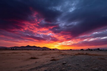 Vibrant sunset paints the sky over a desert landscape near hills at dusk