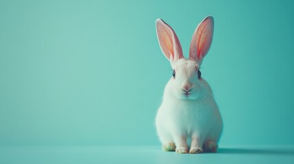 Obraz premium White rabbit with floppy ears and a curious pose, sitting on a pastel turquoise background 