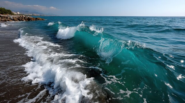 Beautiful waves crashing onto sandy beach with rocky coastline and distant mountains under blue sky - Powered by Adobe