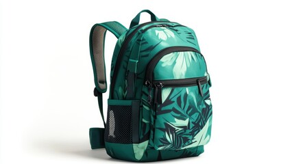 Green backpack with edgy abstract graphic design, side mesh pockets, and adjustable shoulder straps, isolate on white background