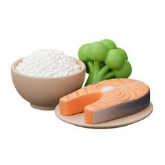 3d Illustration Rendering of Rice Salmon and Broccoli