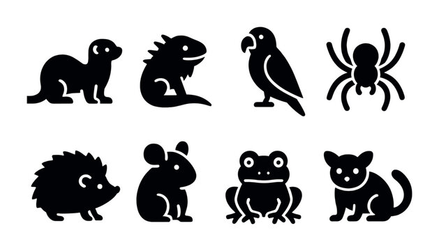 Zoo animals silhouette icon set - solid style wildlife, nature, and conservation symbols: otter, iguana, parrot, spider, hedgehog, mouse, frog, lemur.