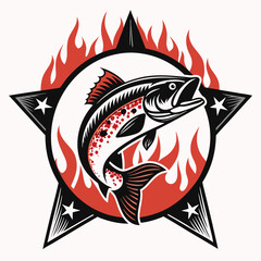 A vibrant, dynamic image of a fish leaping through a fiery ring, showcasing intense action and surrealism.  High detail, realistic fish, intense fire.