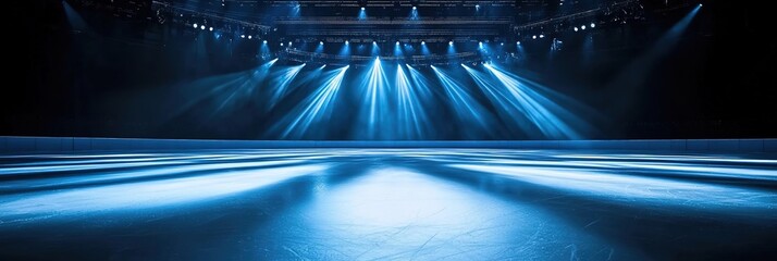 Empty stage illuminated by blue spotlights with reflective flooring and dark surroundings.