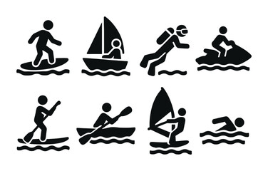 Water sports adventure icons set – solid style aquatic activities and outdoor fun symbols for summer: surfing, sailing, diving, jet skiing, paddleboarding, kayaking, windsurfing, swimming.