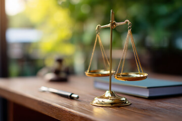Professional Commercial Photo of Scales of Justice on Wooden Desk