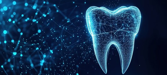 Digital wireframe tooth model with glowing nodes and light particles on dark blue background.