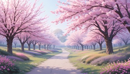 Cherry Blossom Park in Spring with Soft Pastel Colors