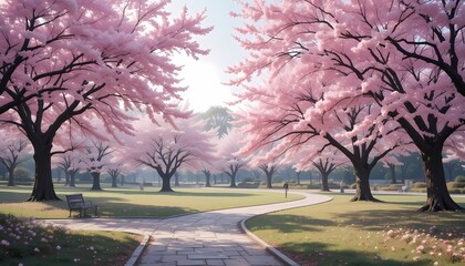 Cherry Blossom Park in Spring with Soft Pastel Colors