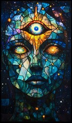 Obraz premium A mesmerizing stained glass depiction of a cosmic being, merging art and spirituality in stunning colors.