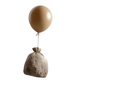 Luftballon trägt schweren Stein als Symbol für Belastung PNG mit transparentem Hintergrund

