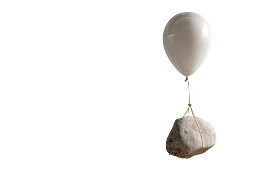 Luftballon tr&auml;gt schweren Stein als Symbol f&uuml;r Belastung PNG mit transparentem Hintergrund

