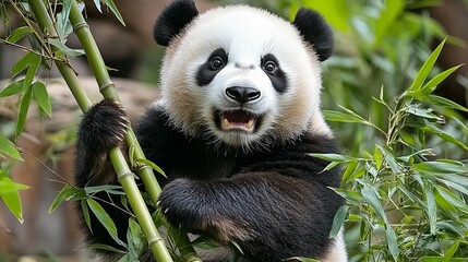 Obraz premium Adorable giant panda eating bamboo close up