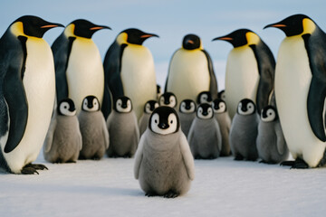 A group of fluffy penguin chicks stands among tall Emperor penguin adults in a cold Antarctic colony scene.
