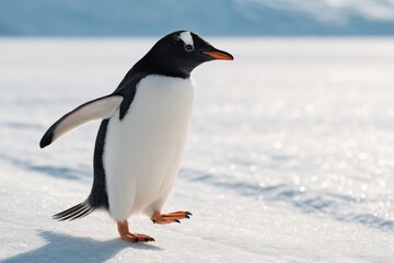 Obraz premium A single Gentoo penguin walks across a snow-covered landscape, showcasing survival in extreme Antarctic conditions. 
