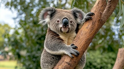 Naklejka premium Adorable koala clinging to tree trunk wildlife photography