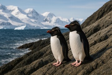 Naklejka premium Two crested penguins stand on rocky shore with snowy Antarctic mountains and ocean in the background, facing the wind. Crested penguins on rocky Antarctic coastline