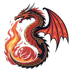 A majestic red and orange flame dragon, intricately detailed, coiled tightly around a blazing fireball, showcasing fiery scales and intense light.