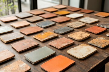 Fototapeta premium Collection of colorful tile samples displayed on wooden table in interior design studio during daylight
