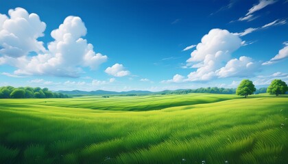 Fototapeta premium landscape cartoon scene background rural with green filed and white cloud in blue sky