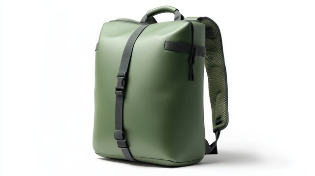 Graphic green backpack with sleek lines, adjustable straps, and breathable back support, isolate on white background