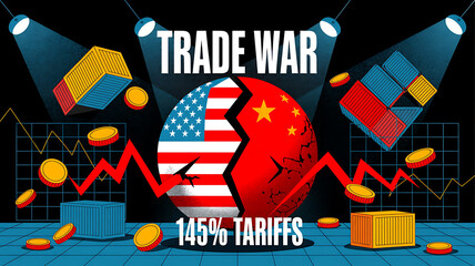 Naklejka premium Political illustration depicting a fractured globe with the USA and China a falling financial graph and trade elements.