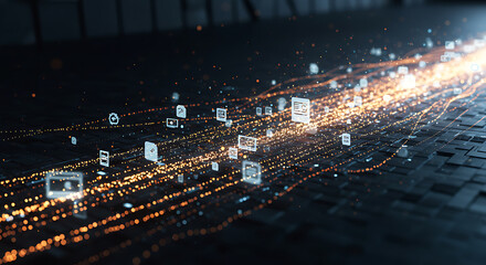 Obraz premium Digital data flow with glowing connections on a dark background 