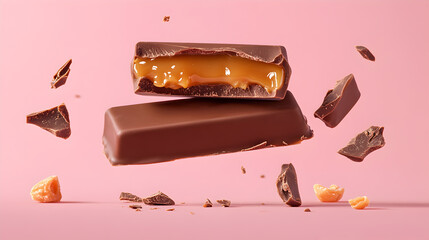 A chocolate bar with a caramel center is shown in two pieces