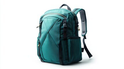 Fototapeta premium Green backpack with abstract geometric graphic, padded straps, sleek zippers, and durable material, isolate on white background