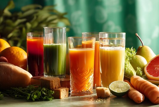 Assorted freshly squeezed fruit and vegetable juices on a light green table