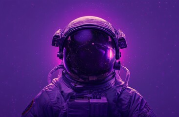 Astronaut in purple space: Cosmic exploration and discovery concept. Futuristic space travel and extraterrestrial missions. Science fiction visualization of human space exploration