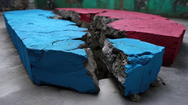 Cracked and Painted Concrete Blocks with Blue and Red Colors in an Urban Setting