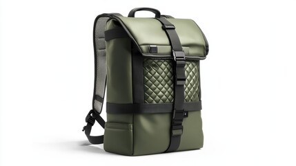 Naklejka premium Urban-inspired green backpack with sleek geometric patterns, padded shoulder straps, and reflective accents, isolate on white background