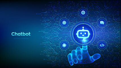Chatbot. Chatbot assistant app. Smart assistant. AI. Artificial intelligence technology concept. Background with circuit board connections and tech icons. Hand pressing button. Vector Illustration.