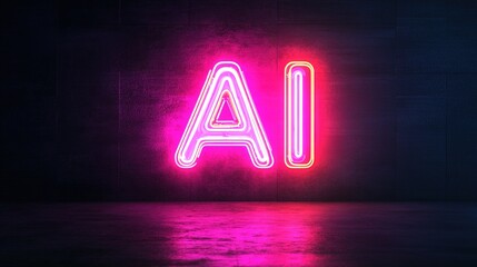 Glowing red and pink neon "AI" sign on a rough dark wall.