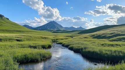 Mountain meadow stream, sunny day, cloudscape, nature landscape, travel