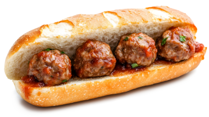A hot dog with four meatballs on top