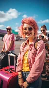 Pink short hair woman with sunglasses and luggage waiting at airport for tourism trip, ready for adventure