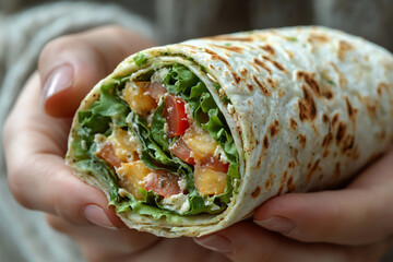 person eating a healthy wrap while standing in line,
