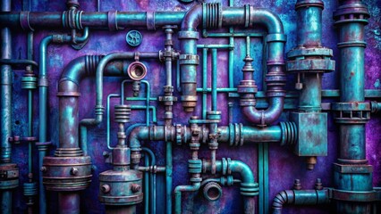 Intricate Network of Teal and Purple Industrial Piping System with Complex Interconnections and Aged Metallic Texture