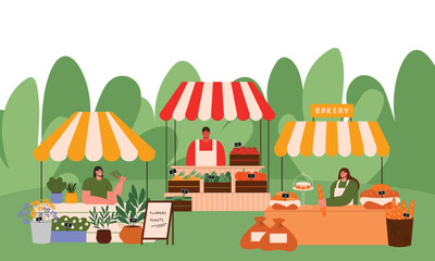 Farmers market flat vector illustration. Street market fair. Outdoor market stalls. Market kiosks with bakery, vegetables, fruits, plants.